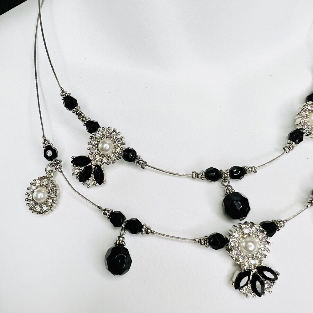 Ruby Rd. Two Strand Wire Layered Rhinestone Necklace Silver Black Tone 4448 - Picture 4 of 10